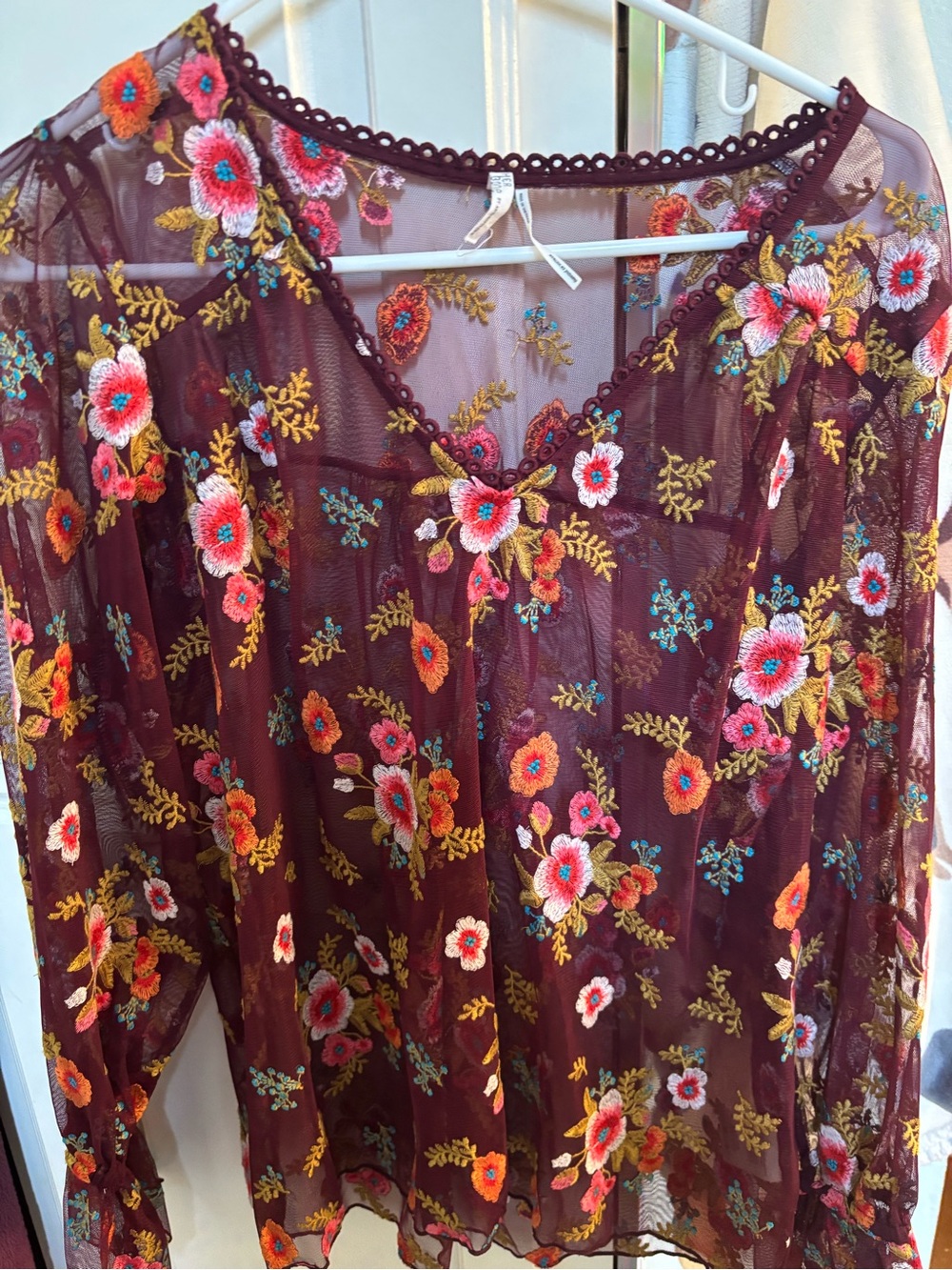 Embroidered Floral Sheer Blouse - Burgundy